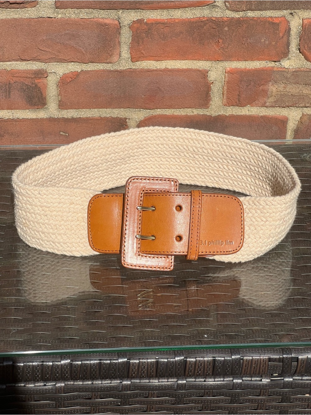 3.1 Phillip Lim Wide Woven Belt Cream with Brown Leather Buckle Quiet Luxury